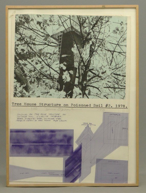 Dennis Oppenheim Lithograph: Lithograph pencil signed and numbered and dated "Dennis Oppenheim 81/150, 1979". Dennis Allan Oppenheim (1938 - 2011) considered a pioneer in Earthworks and Conceptual Art. Title "Tree House Structure