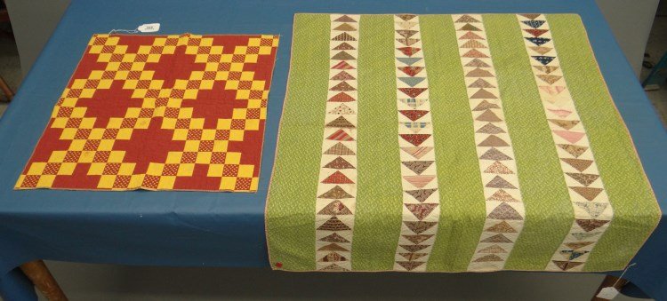 Crib Quilts: Lot two early crib quilts including Flight of Geese (38" x 41") and Irish Chain (23" x 25").