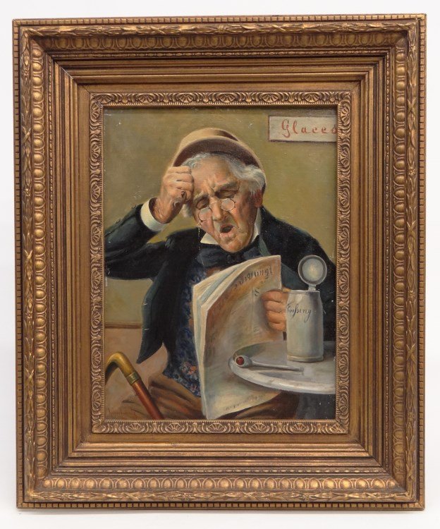 Painting Robert Shutz: Painting oil on canvas man reading newspaper signed verso "Robert Shutz". Sight 15 1/2" x 11 1/2".