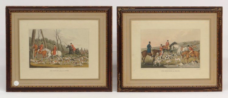 Hunt Prints: Pair Hunt prints "Fox Hunting. the Deaths" and "Fox Hunting. going into Cover" (H. Alken. London, Published by E. McLean, Jan. 1, 1820). Sight 12" x 15 1/2".