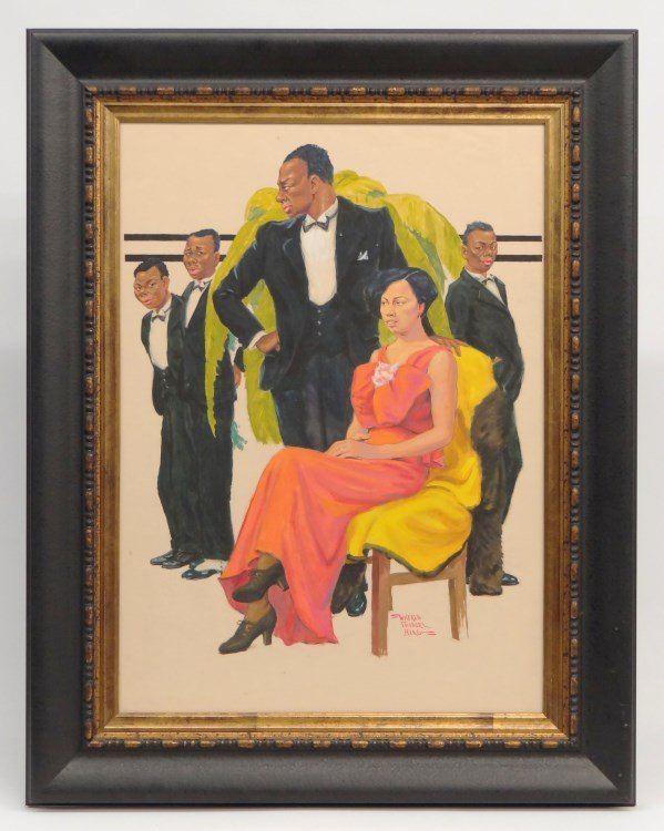 Illustration Wilfred Theodore Berg: Illustration figures in dress and tuxes signed "Wilfred Theodore Berg" (Wilfred (Wally) Berg, Michigan/Florida 1908 - 2002). Sight 27" x 19 1/2".