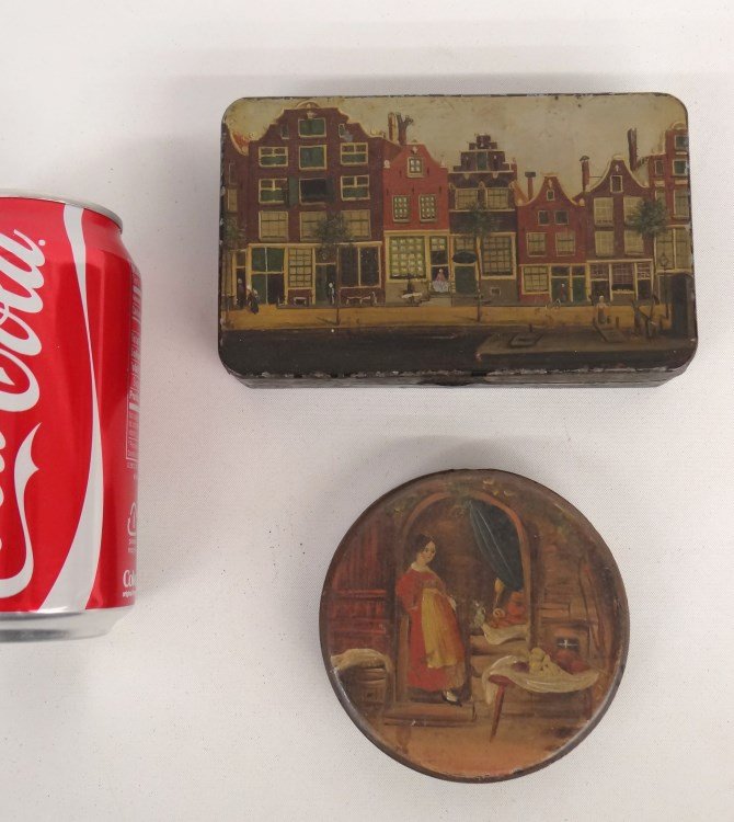Snuff Boxes: Lot two 19th c. painted snuff boxes including papier mache (4" diameter) and tin (6" length).