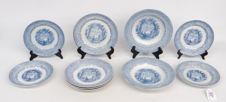Blue And White "Venus" China: Lot 11 pieces 19th c. blue and white "Venus" pattern china. Includes (4) 8 3/4" plates (one has small chip on rim of base), (4) 10" plates (3) 11" bowls.