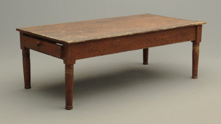 Primitive Farm Table: Primitive low two drawer farm table. Leaf loose, drawers needs repair. As found. Top 33" x 66", 23" Ht.