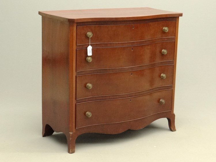 Serpentine Chest Of Drawers: Benchmade mahogany serpentine four drawer Hepplewhite style chest. 40"x 20"x 37 1/2" Ht.