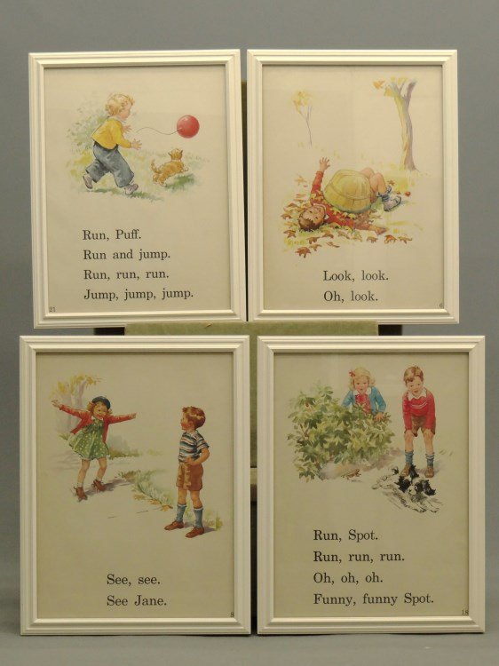 Prints: Print series "Dick and Jane" mid 20th c., No. 6, No. 8, No. 18 and No. 21. Sight 23 1/2" x 17 1/2". Excellent frames.