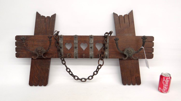 Arts And Crafts Wall Rack: Labeled "Shop of the Crafters" (#120), oak wall rack. 36" W., 20" Ht.