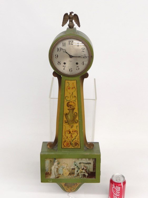Gilbert Banjo Clock: c. 1930 - 1940 Gilbert "1807" series banjo clock. 30" Ht.