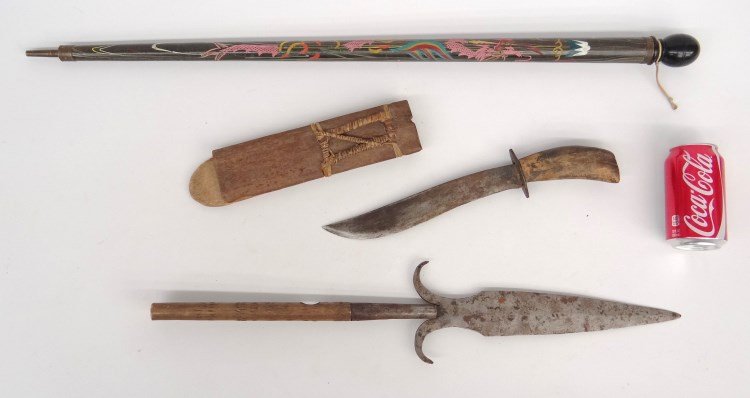 Phillipino Lot: Phillipino lot including poison cane, bolo knife in sheath and spear tip.