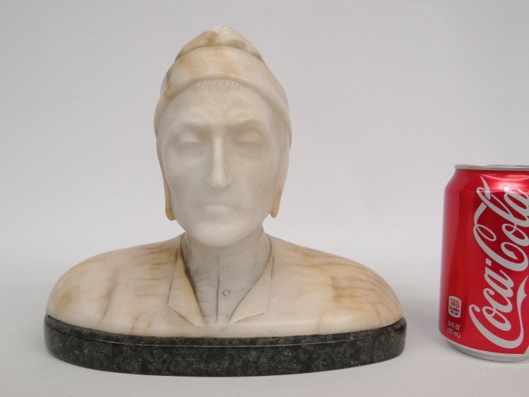 Marble Sculpture Of Dante: 19th c. Grand Tour marble bust of Dante (Dante Alighieri 1265-1321). Signed "A. Cipriani" ( Adolfo Cipriani Italy act. 1880-1930). 10" W., 8" Ht., imperfections.