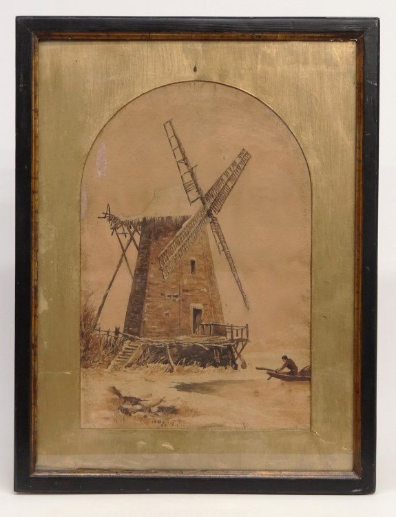 Watercolor Of Windmill: 19th c. watercolor windmill signed and dated illegibly LLC. Sight 19 1/2" x 13".