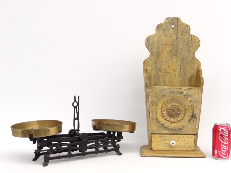 Scale & Wallbox Lot: Lot including iron and brass scale (18 1/2" W., along with candlebox (20 1/2" Ht.).