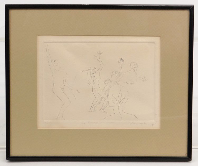 Print Signed Mary Frank: Artist proof print signed and titled "In Richard Mary Frank". Sight 6" x 7 3/4", (Mary Frank N.Y./England b. 1933).