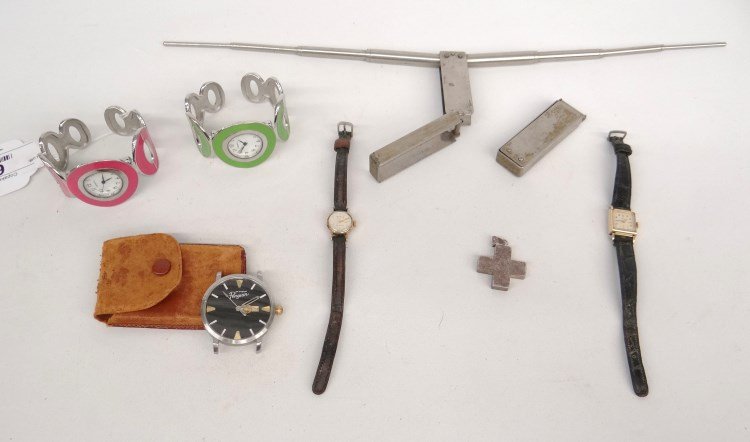 Misc. Lot Including Watches: Misc. lot including: (2) Geneva "pop" design watches, (1) "Penguin" wrist watch (no band), Lucerne ladies watch with 14k gold apex, Rodania 17 jewel Swiss ladies watch, silver cross, telescoping tool 