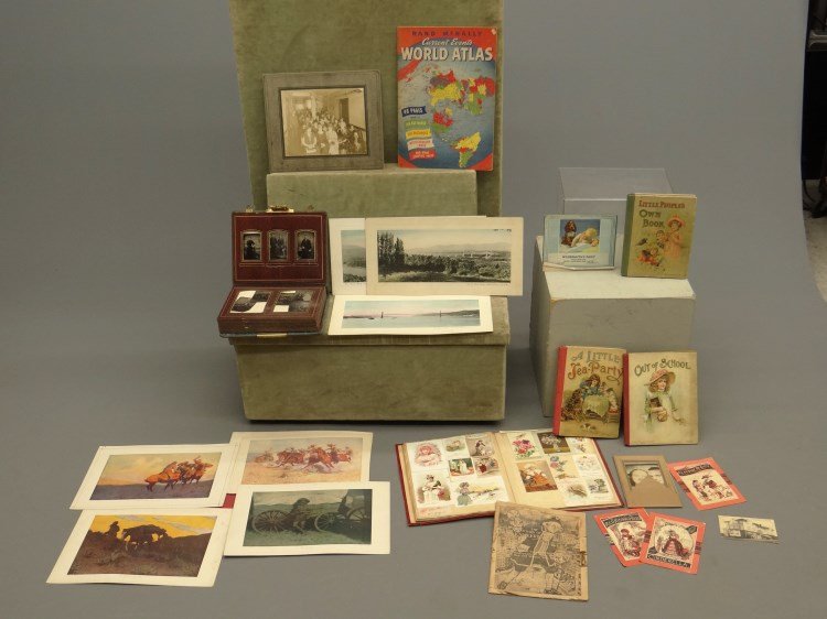 Misc. Lot: Misc. lot including Victorian photo album with photos, Remington portfolio, hand colored photos of "Mid-Hudson Bridge, Poughkeepsie...", "Rip Van Winkle Bridge" and "Bear Mountain Bridge...", scrapboo