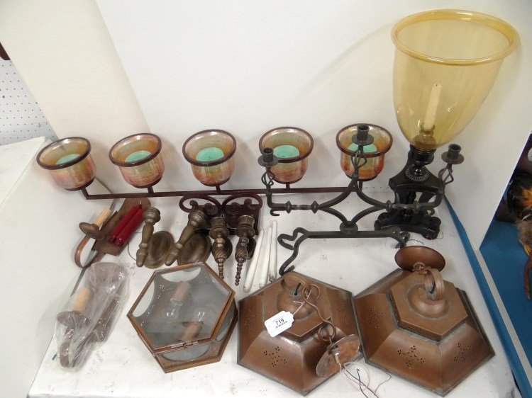 Lighting Lot: Lighting lot including: candlestick with hurricane shade, (3) pair of sconces, (3) copper lamps, wrought iron 3 arm candelabra.