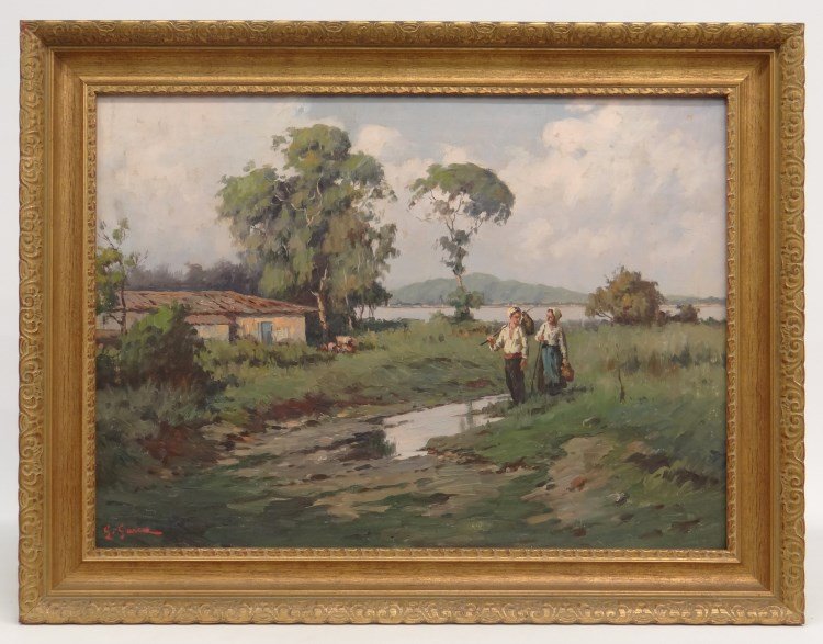 Painting Continental Landscape: Painting oil on canvas Continental School landscape with figures and cottage. Sight 16 1/2" x 23". Signed illegibly LLC.