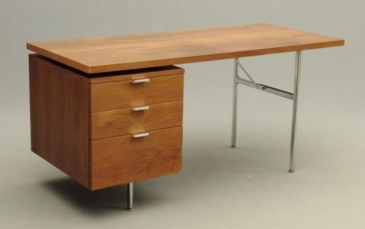 George Nelson Desk: Mid Century desk with three drawers. Top drawer labeled "Designed By George Nelson Herman Miller Zeeland Mich.". 59" x 25" x 28" Ht.