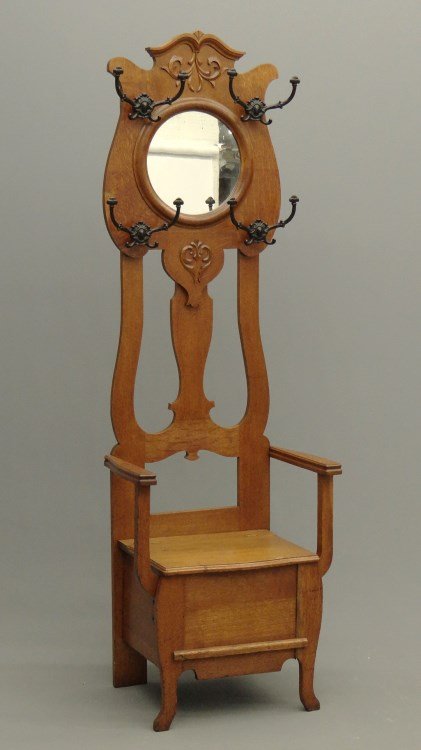 Victorian Oak Hall Mirror: Victorian oak lift seat hall mirror. 76" Ht.
