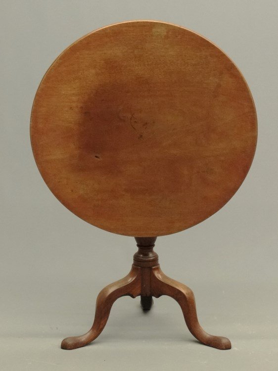 18th c. Tilt Top Tea Table: 18th c. Chippendale tripod base tea table. Top 29 1/2" D., 44" Overall Ht. Open, 28" Overall Ht. Closed.