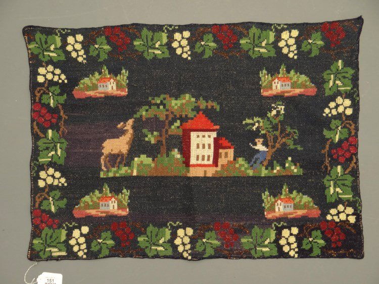 Early Hook Rug: Early 20th c. embroidered New England hook rug with houses, deer and man. 26" x 36". Vermont provenance American Folk Art Gallery.