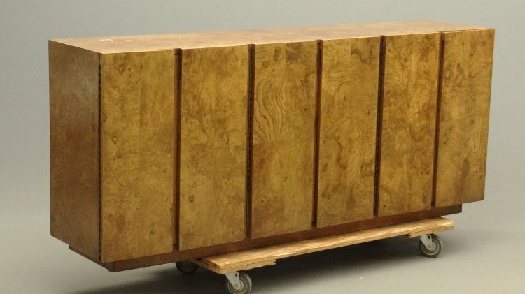 Modern Credenza: Modern design credenza with burlwood veneer. 6'2" x 16 1/2" x 32" Ht.. Note: no back board.