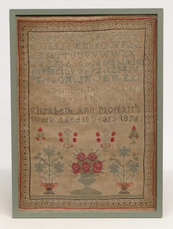 19th c. Sampler: 19th c. needlework sampler "Ann Moffatt's Work Aged 10 Years 1856". Sight 16 3/4" x 12".