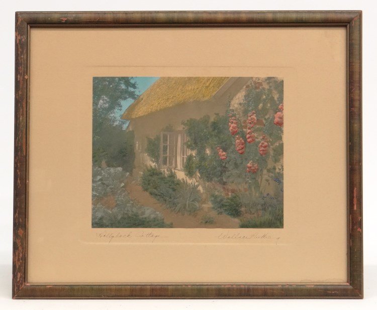 Wallace Nutting Print: Wallace Nutting print "Hollyhock Cottage". Sight 7 1/2" x 9 1/2" Ht., original frame.