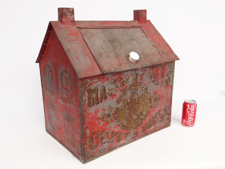 19th c. Coffee Bin: 19th c. tin coffee bin "Coffee House", worn painted and stenciled. 19 1/4" x 13 1/3" x 21" Ht..