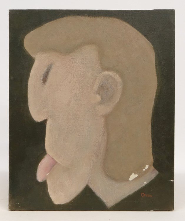 Painting Signed "Ofega": Painting oil on canvas man with tongue out signed LRC "Ofega". Losses. Unframed 18" x 15". Titled and dated verso "The Head Of Venus 1986".