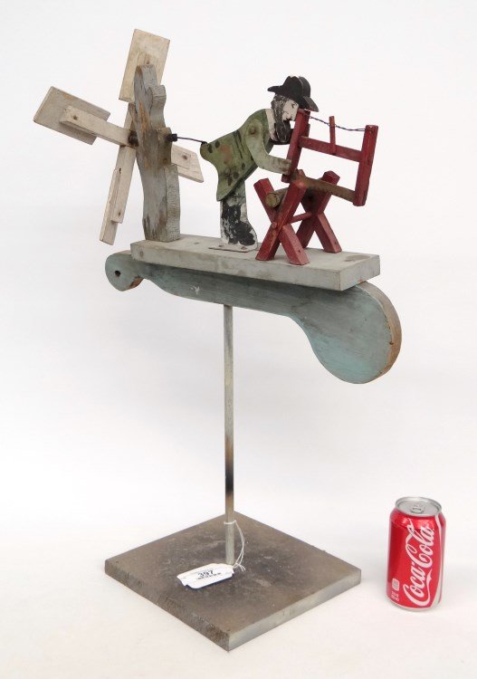 Whirligig: Polychrome paint decorated whirligig on base. 18" x 27" Ht. overall.