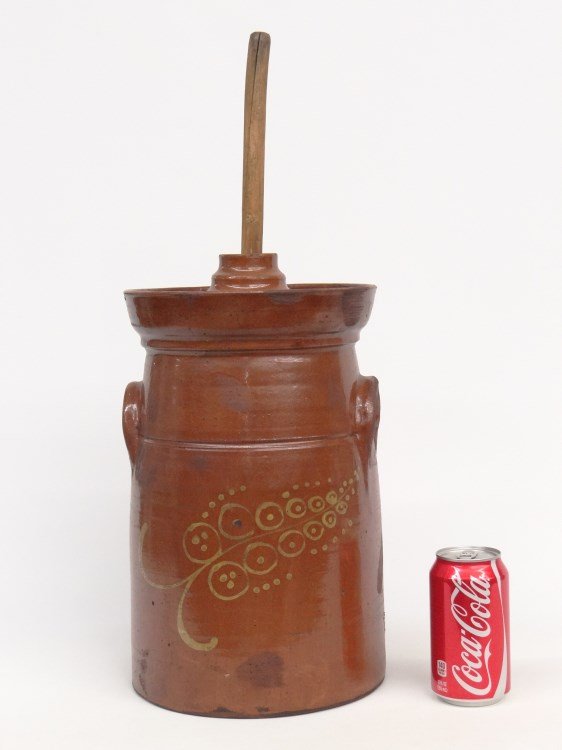 Redware Churn: Redware churn with stick. Churn 14" Ht.