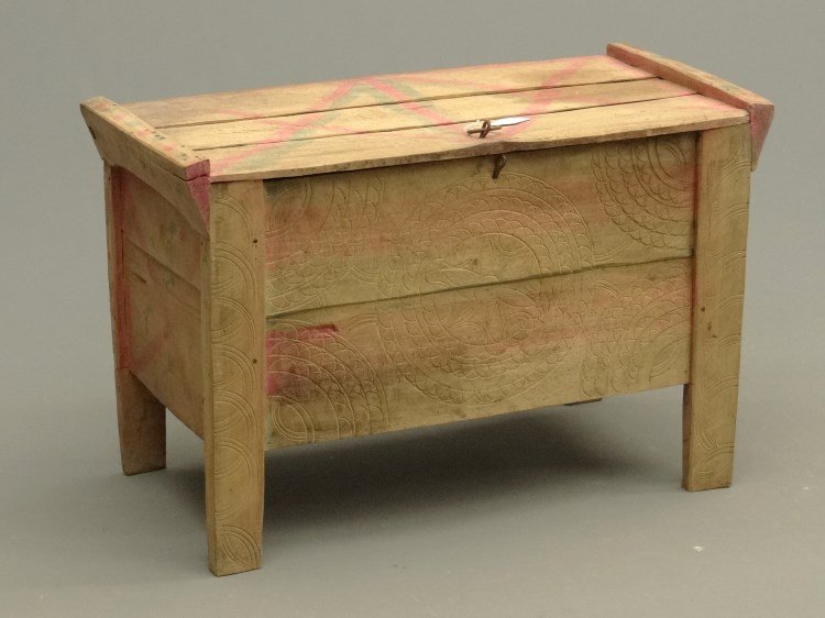 19th c. Carved Trunk: 19th c. carved and paint decorated trunk. 36" x 18" x 23" Ht.