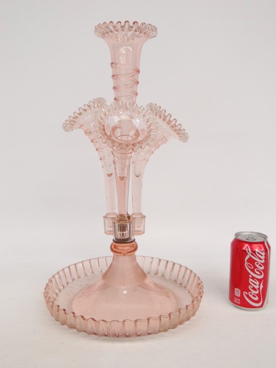 Epergne: Pink depression glass epergne. 17 1/2" Ht..