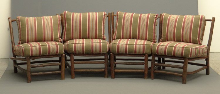 Adirondack Sectional: Hickory Adirondack (4) piece sectional. Semi circular set, very unusual design. Cushions in excellent condition. Note one chair has an old repair and should be redone. 9'6" W.. Each chair 29 1/2" x 24