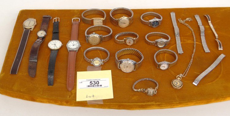 Watch Lot: Misc. watch lot including Seiko, Le Coultre, Armitron, PCA, Crosby, Citizen, Milan, Caravelle, Puegeot, Sheffield, Bulova, along with misc. bands.