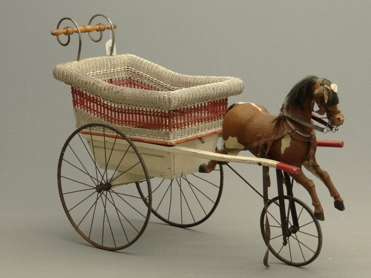 Child's Horse & Carriage: Victorian horse and wicker carriage. 60" Overall Length, 38" Ht.