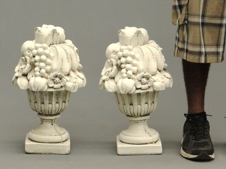 Pair Cement Flower Baskets: Pair cement flower baskets. 20" Ht.
