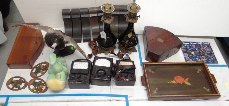 Misc. Lot: Misc. lot including: (8) corbels, duck taxidermy, pair of lamps, bird form box, early sextant box, chalkware piano baby, (3) electronic meters, collection of pins )mostly auto related), (3) wall ornam