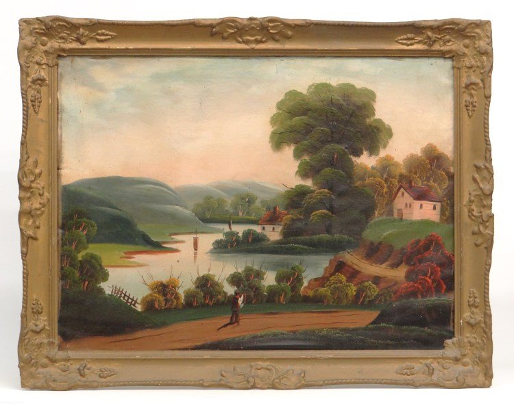 19th c. Painting Hudson River School: 19th c. oil on canvas Hudson River landscape in the manner of Thomas Chambers (N.Y./England 1808-1866/69). Sight 23 1/2" x 31 1/2". Provenance: Redwood New York Estate.