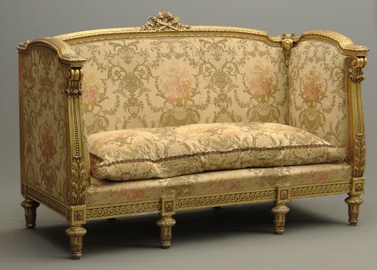 French Style Settee: Monumental French style eight leg settee with needlepoint upholstery. Provenance Colgate Mansion (Paul Leka Estate). 78" x 35" x 48" Ht.