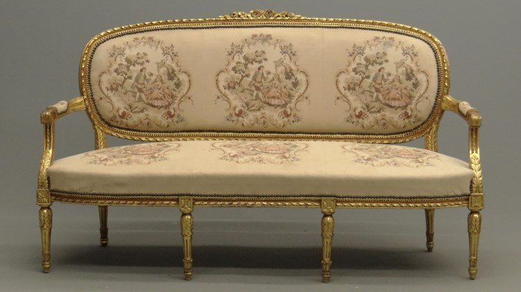 French Style Settee: French style needlepoint upholstered settee. 66" W. Provenance Colgate Mansion (Paul Leka Estate).