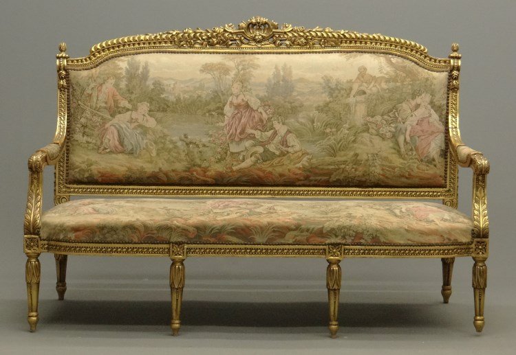 French Style Settee: French style needlepoint upholstered settee. 64" W. Provenance Colgate Mansion (Paul Leka Estate).
