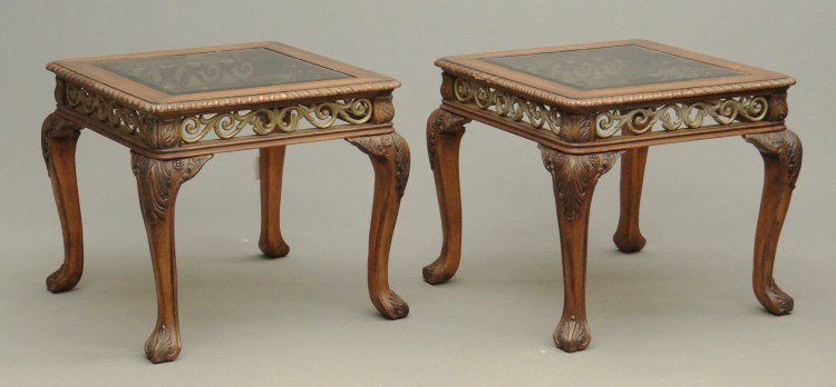 Pair Side Tables: Pair glass top carved decorative side tables. Tops 27" D., 24" Overall Ht. Provenance Colgate Mansion (Paul Leka Estate).