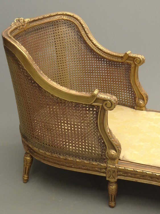 Caned Settee: French style caned settee (matches previous lot). 28" x 72" x 35 1/2" Ht., rear foot missing sliver. Provenance Colgate Mansion (Paul Leka Estate).