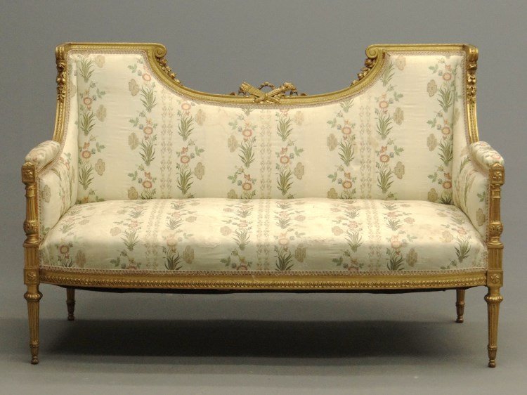 French Style Settee: French style upholstered settee. 55" W. Provenance Colgate Mansion (Paul Leka Estate).