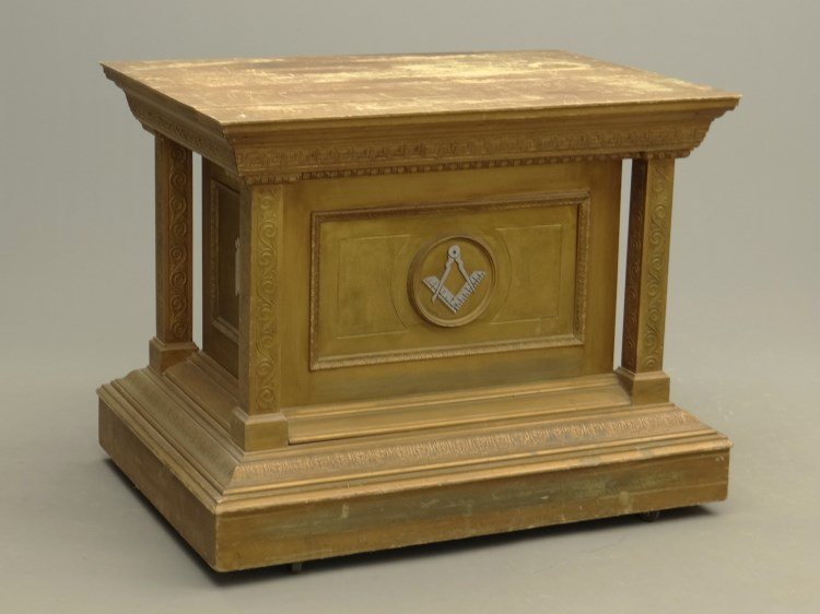Masonic Pedestal: Masonic pedestal table. 42" x 30 1/2" x 34" Ht. Provenance Colgate Mansion (Paul Leka Estate).