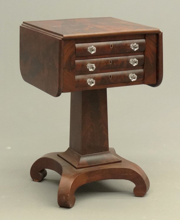19th c. Empire Workstand: 19th c. Empire mahogany two drawer work stand with rolled feet. Top 18 1/2" x 17 1/2" with 9 1/4" Leaves, 28 1/2" Ht Provenance: Redwood New York Estate..