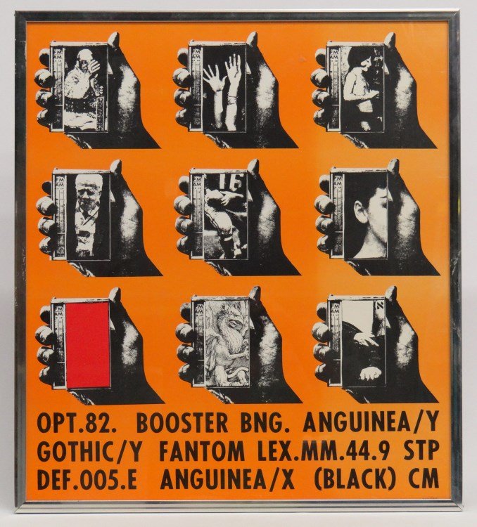 Wallace Berman Poster: Wallace Berman numbered poster "OPT.82. BOOSTER BNG. ANGUINEA/Y GOTHIC/Y FANTOM LEX.MM.44.9 STP DEF.005 ANGUINEA/X (BLACK) CM", LLC "Published Topanga 1967 John Martin", hand numbered LRC "208/285". W
