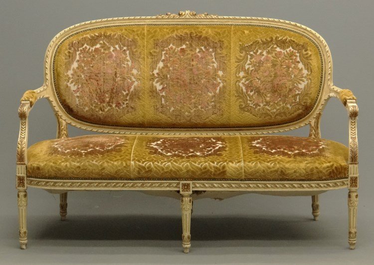 French Style Settee: French style upholstered settee. 61" W. Provenance Colgate Mansion (Paul Leka Estate).